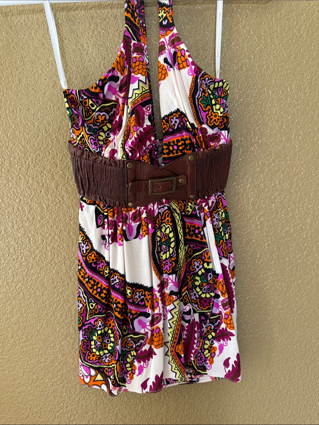 Sky Multicolor Paisley Halter Dress With Brown Waistband